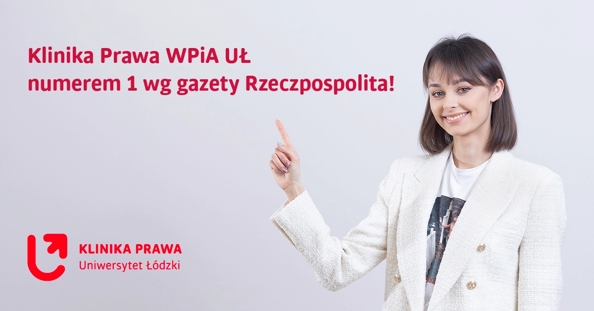  A female student wearing a white jacket and information about the Law Clinic being no 1 in Poland
