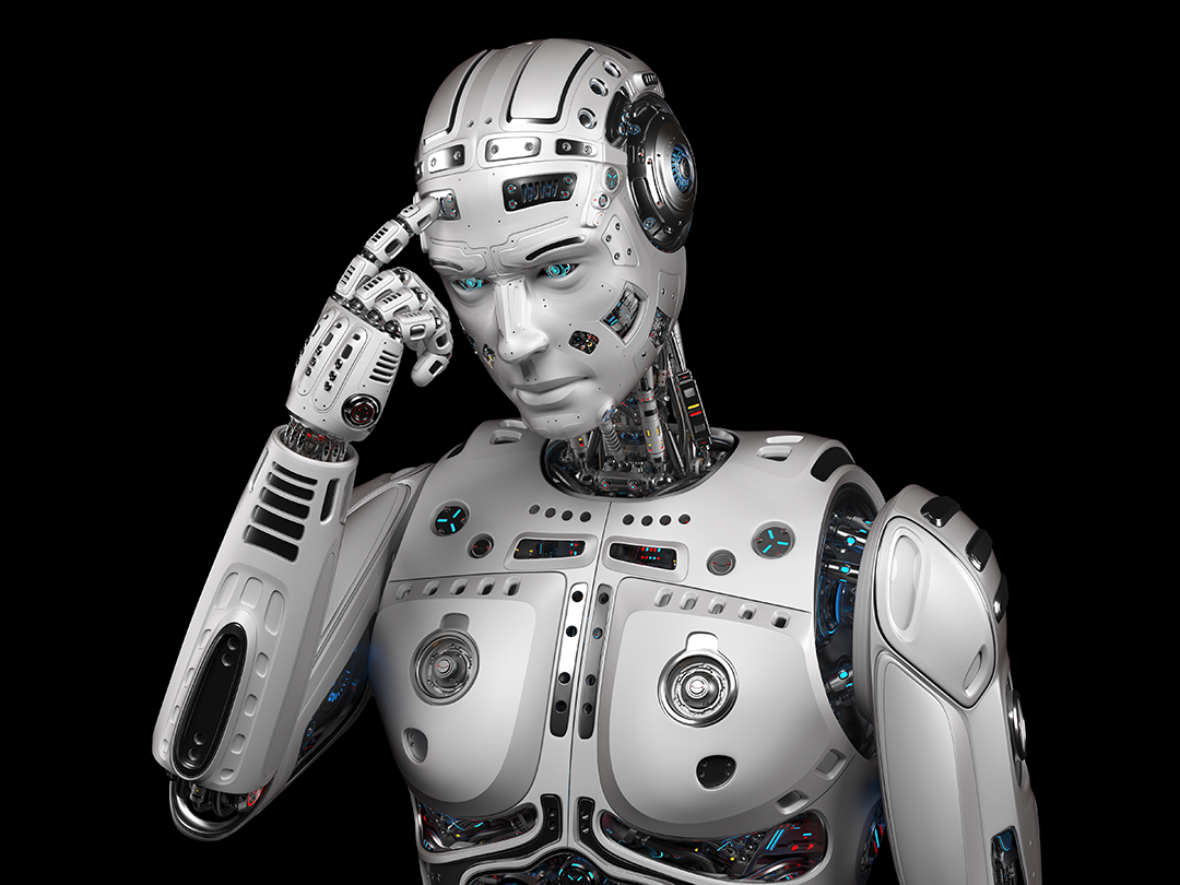 Humanoidalny robot dotykający palcem swojego czoła