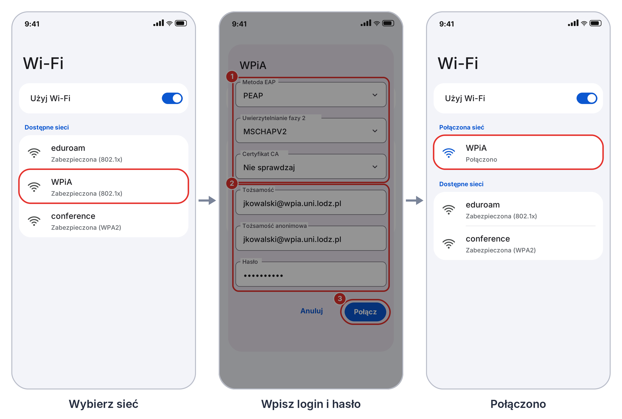 Android, WPiA: wybór sieci, okno logowania i stan po połączeniu