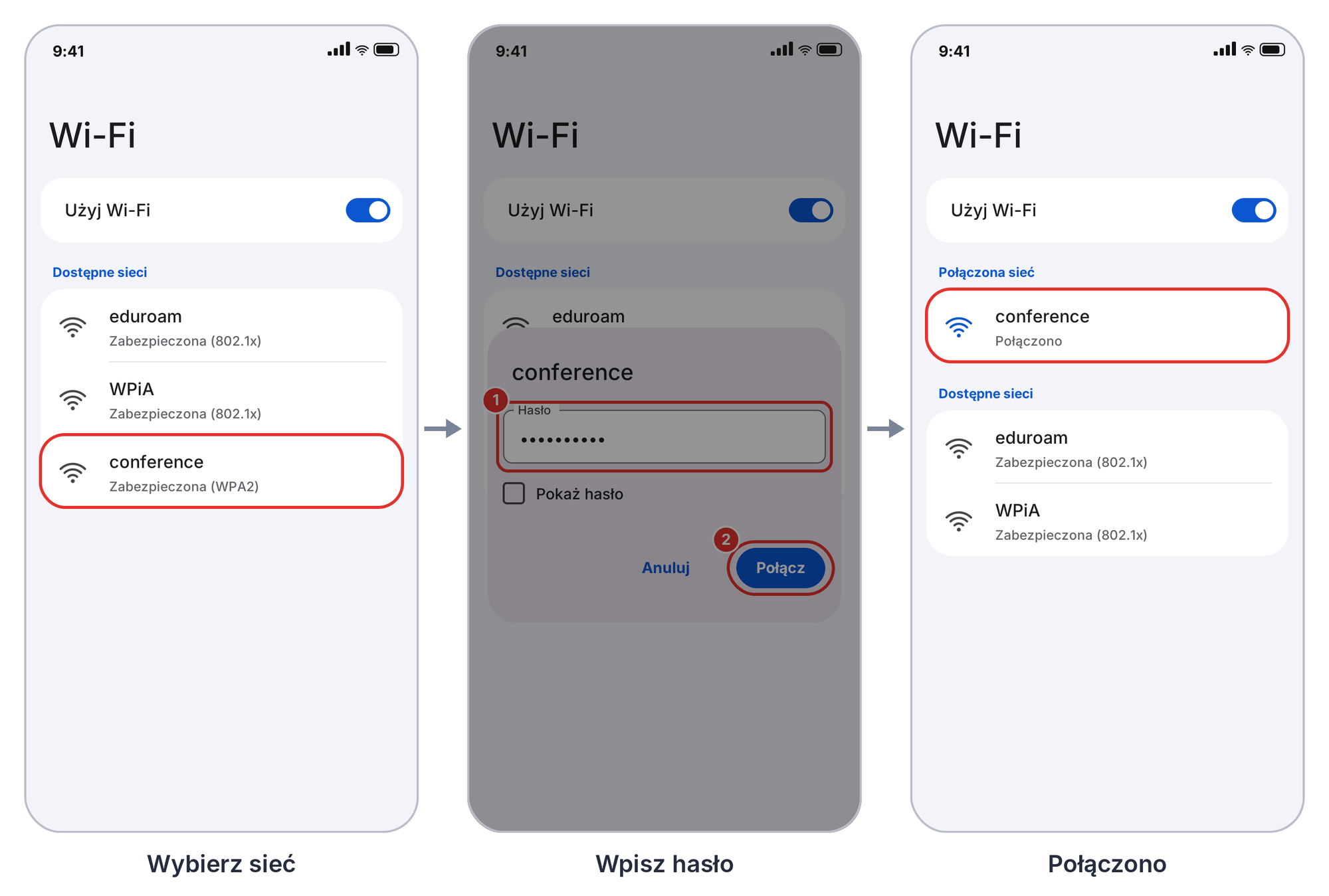 Android, conference: wybór sieci, okno z hasłem i stan po połączeniu