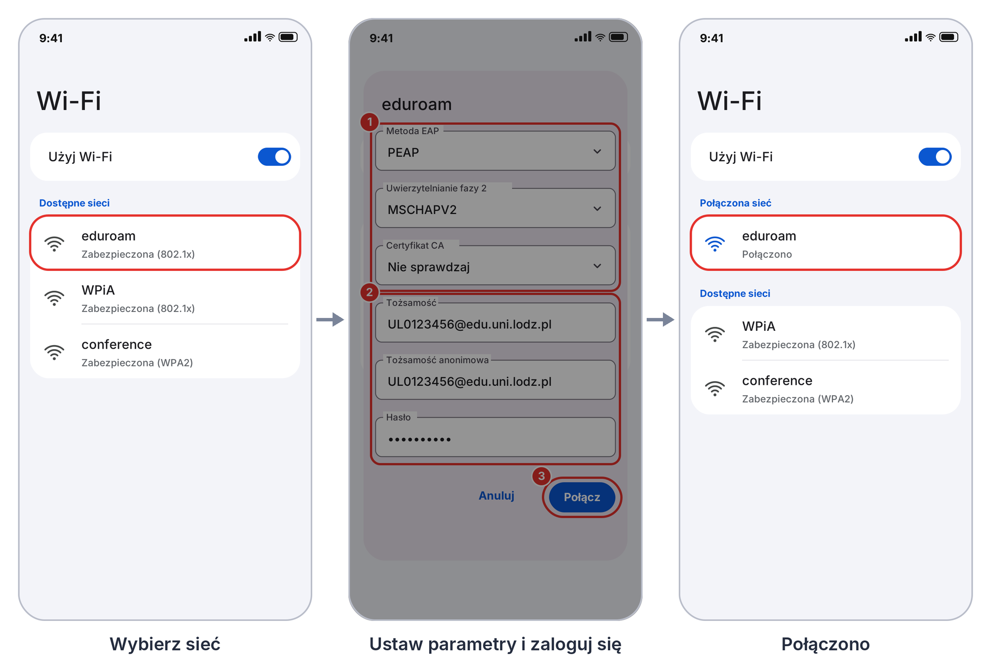 Android, eduroam: wybór sieci, okno logowania i stan po połączeniu