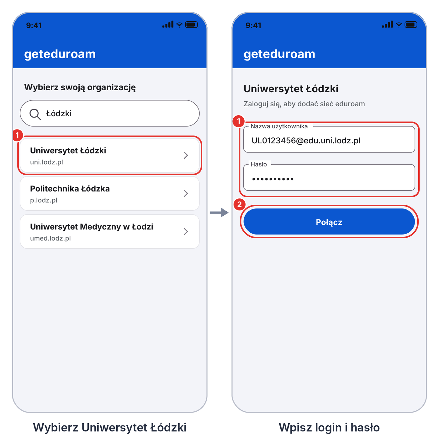 Aplikacja geteduroam: wybór uczelni „Uniwersytet Łódzki” i logowanie loginem i hasłem