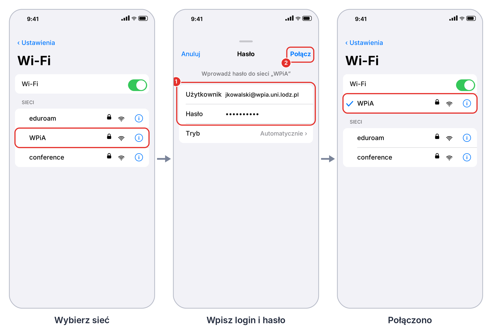 iOS, WPiA: wybór sieci, okno logowania i stan po połączeniu