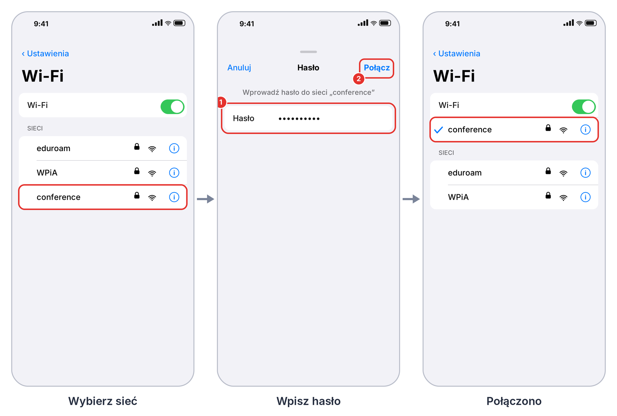 iOS, conference: wybór sieci, okno z hasłem i stan po połączeniu