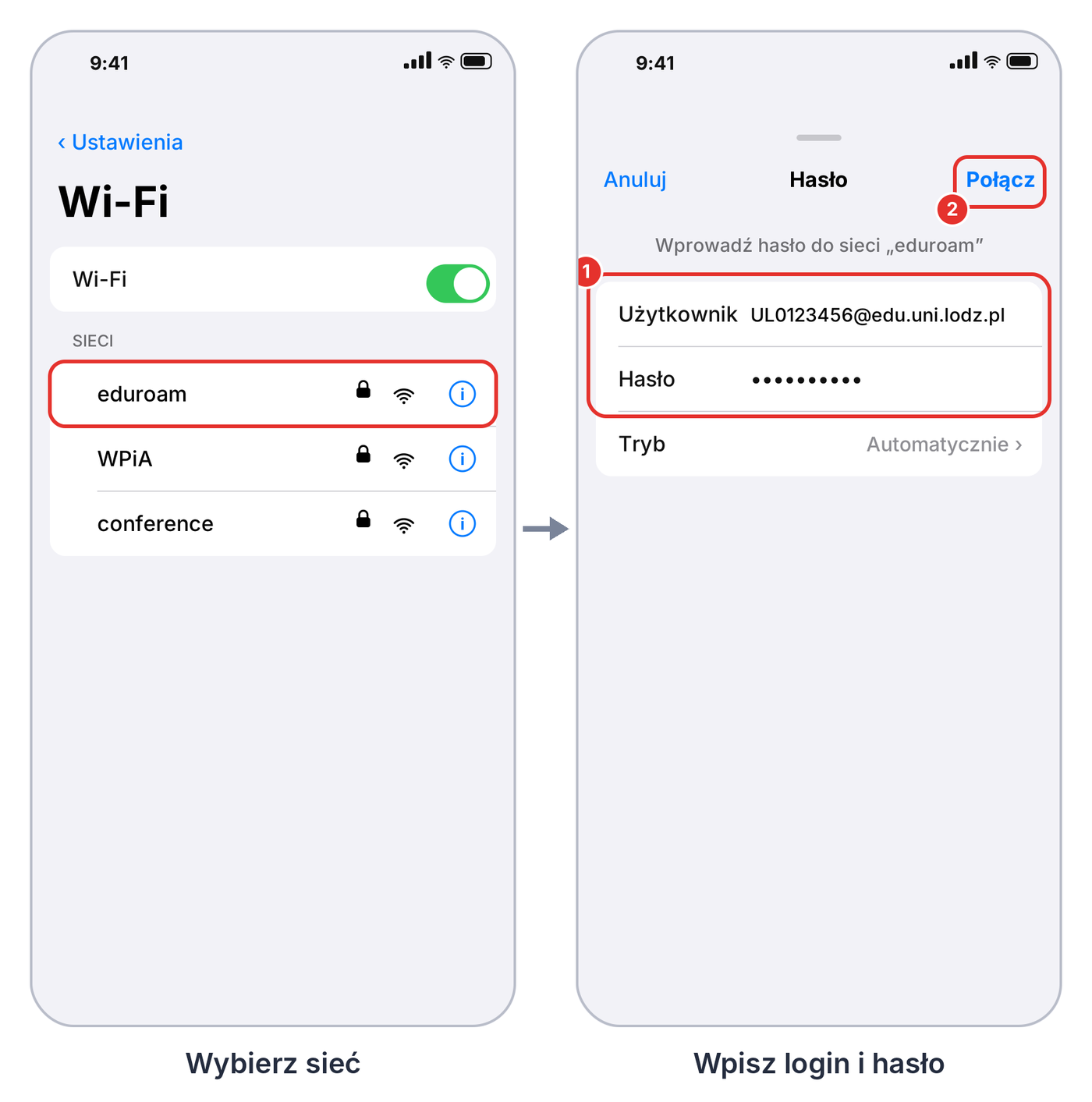 iOS, eduroam: wybór sieci i okno logowania