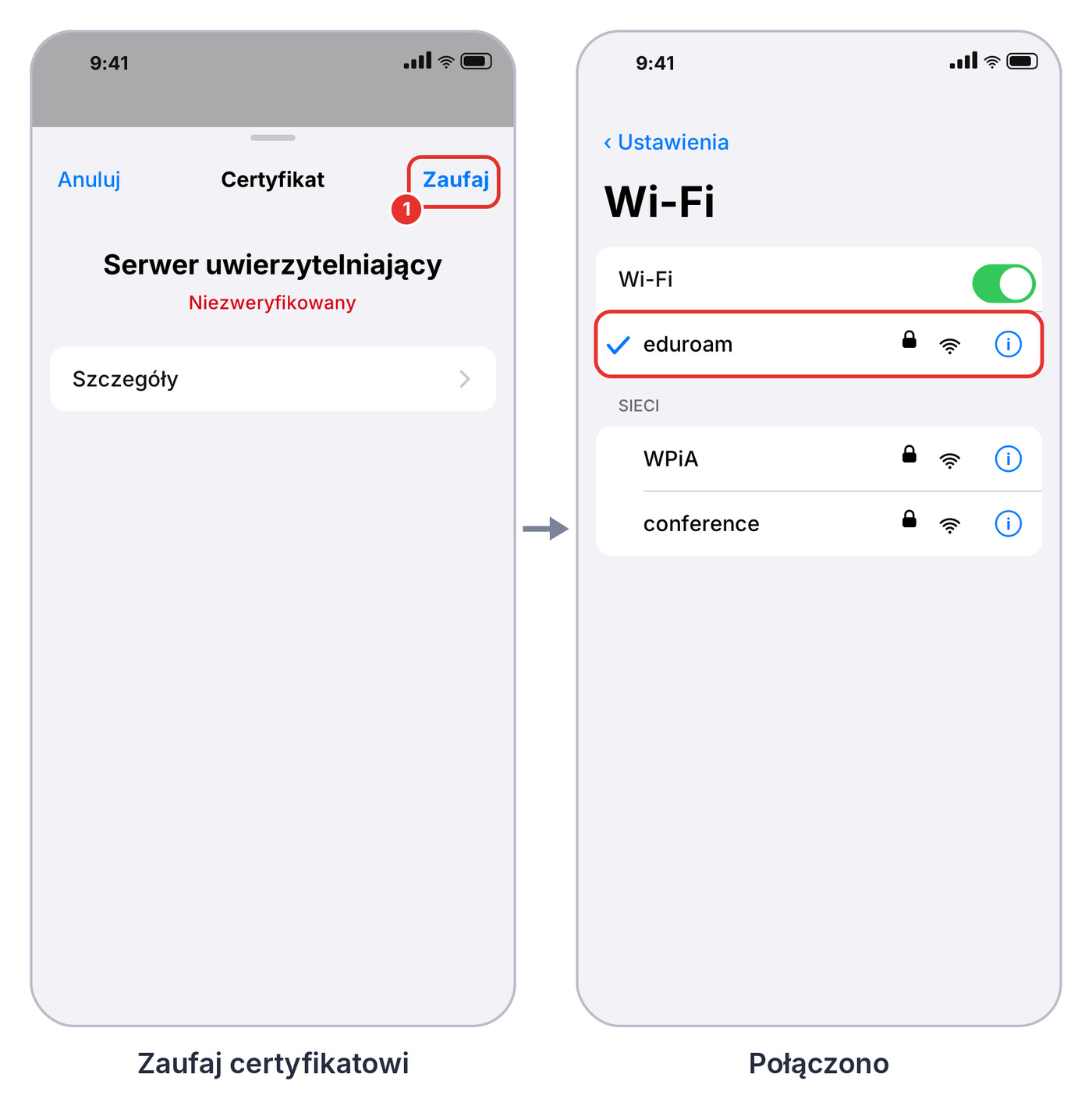 iOS, eduroam: prośba o zaufanie certyfikatowi i stan po połączeniu