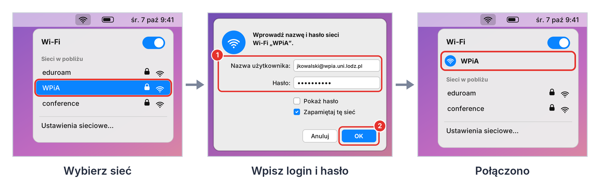 macOS, WPiA: wybór sieci, okno logowania i stan po połączeniu