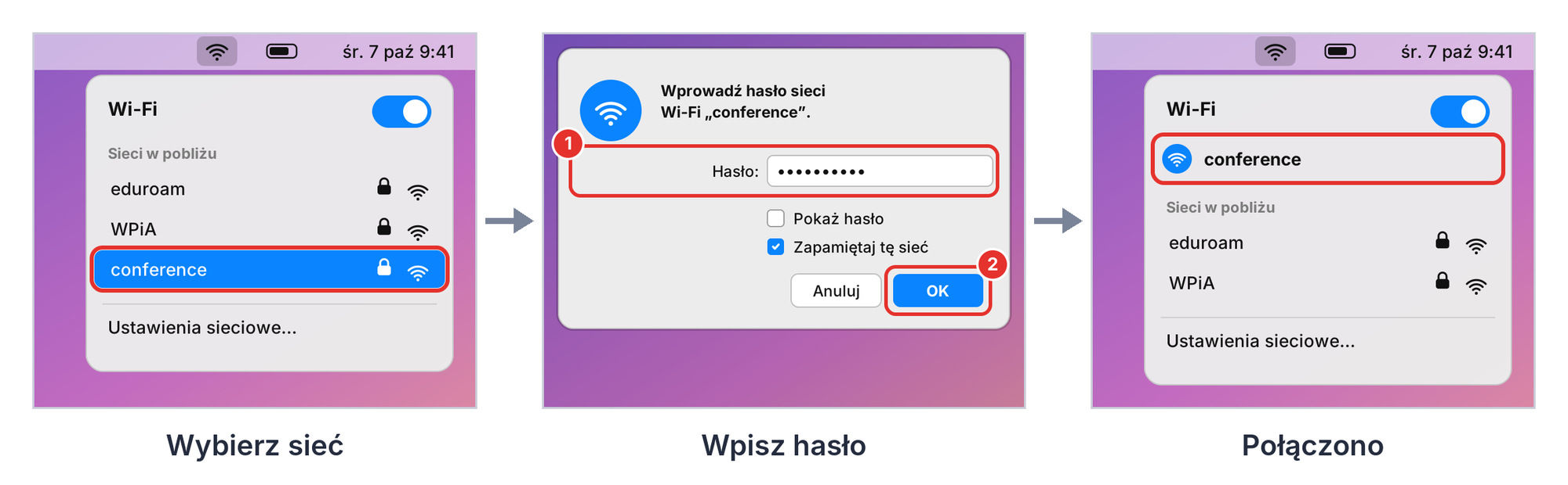 macOS, conference: wybór sieci, okno z hasłem i stan po połączeniu