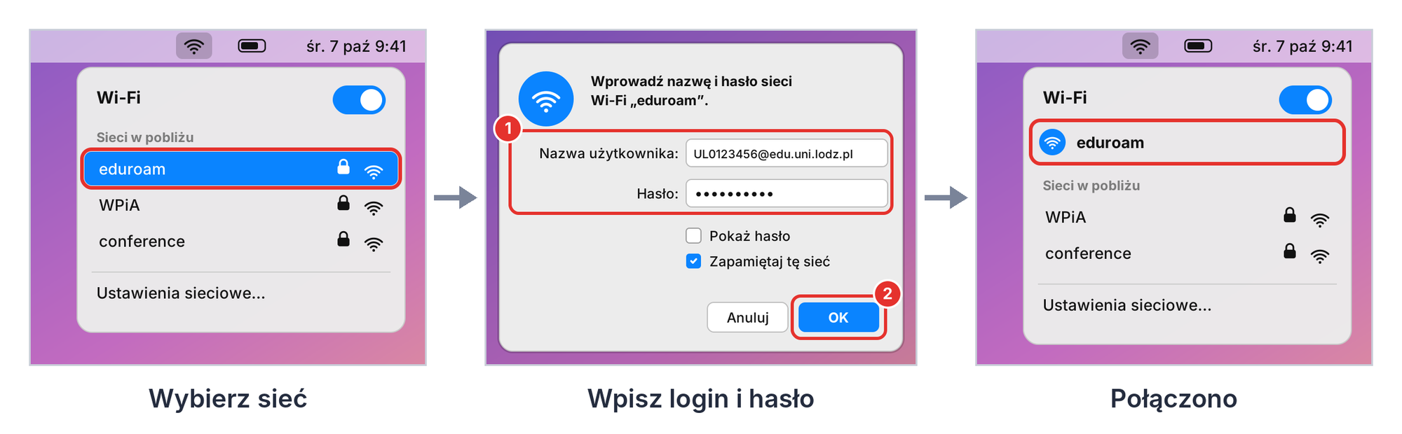 macOS, eduroam: wybór sieci, okno logowania i stan po połączeniu