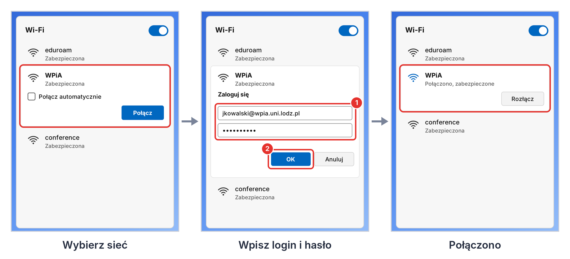 Windows, WPiA: wybór sieci, okno logowania i stan po połączeniu