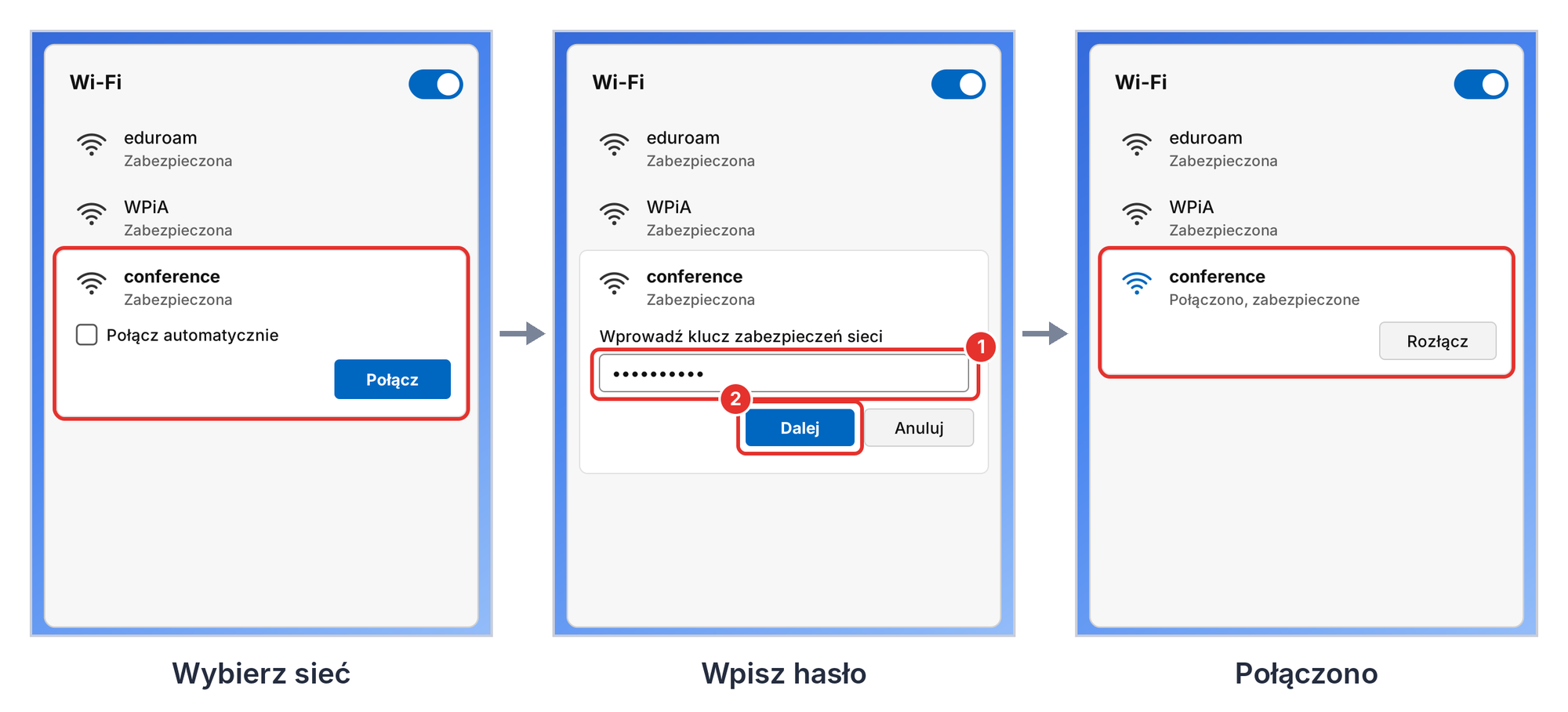 Windows, conference: wybór sieci, okno z hasłem i stan po połączeniu