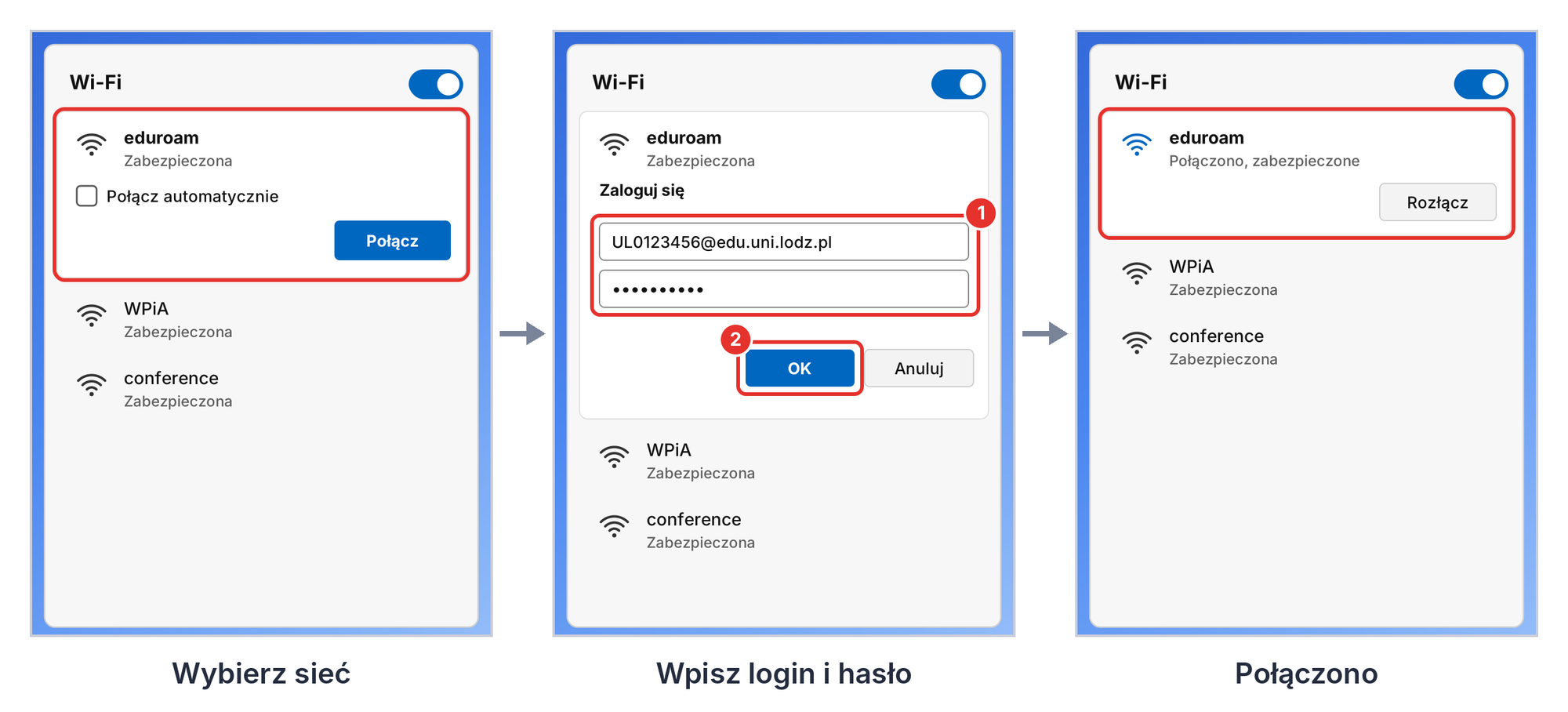 Windows, eduroam: wybór sieci, okno logowania i stan po połączeniu