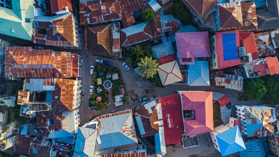 Aerial. Stone town, Zanzibar, Tanzania. Stone town z lotu ptaka