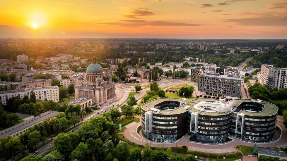 Aerial view of city of Lodz in Poland during sunset Łódź
